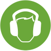 PPE Icon - White icon of person's head wearing ear protection on a green background