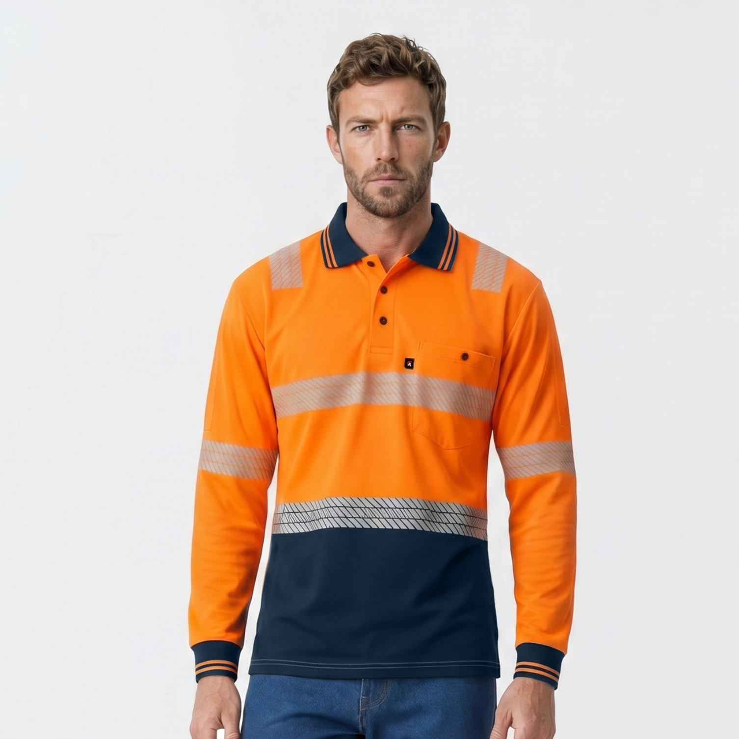 Spartan - Taped Micro Mesh Long Sleeve Hi Vis Polo - Orange/Navy orange navy hi vis taped polo