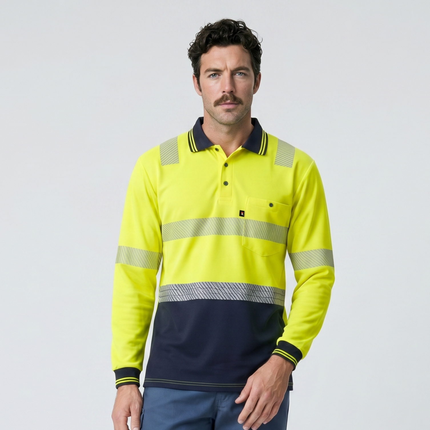 Spartan - Taped Micro Mesh Long Sleeve Hi Vis Polo - Yellow/Navy Spartan - Taped Micro Mesh Long Sleeve Hi Vis Polo - Yellow/Navy - Image 2